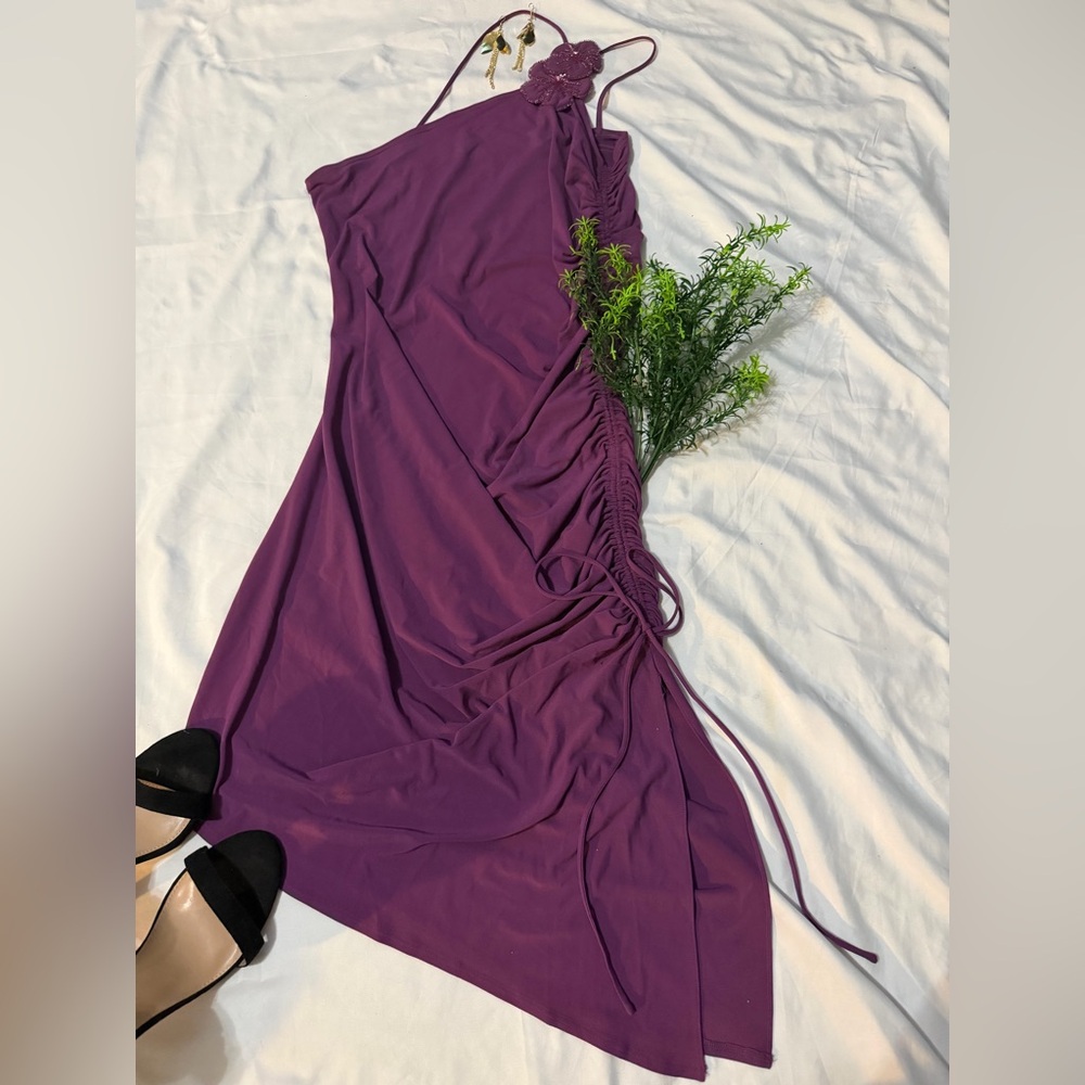 Bedazzled Floral One-Shoulder Purple Dress